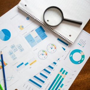 A set of financial charts and graphs with a magnifying glass, perfect for business reports.
